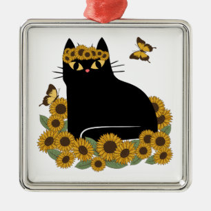 Mid Century hippie black cat Metal Ornament