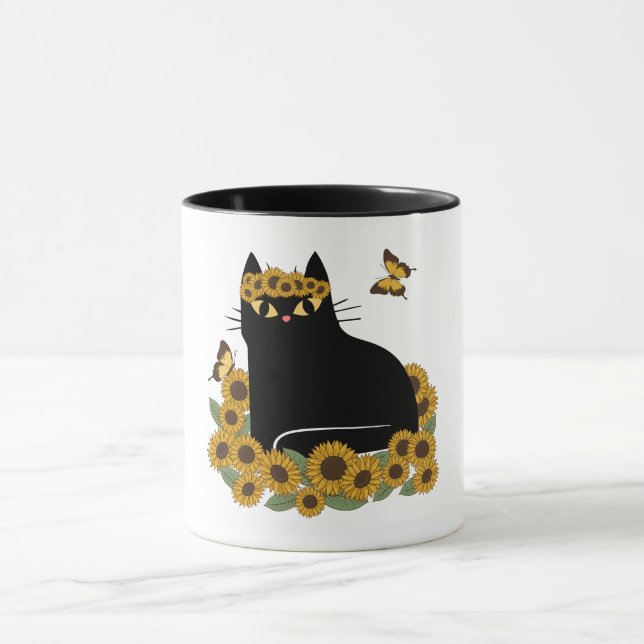 Mid Century hippie black cat Mug (Center)