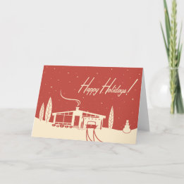 Mid-Century House Christmas Card: Red Holiday Card