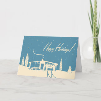 Mid-Century House Editable Christmas Card: Blue Holiday Card