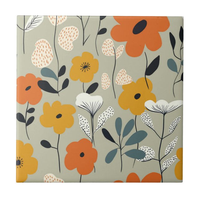 Mid Century Inspired Floral Seamless Pattern Ceramic Tile (Front)