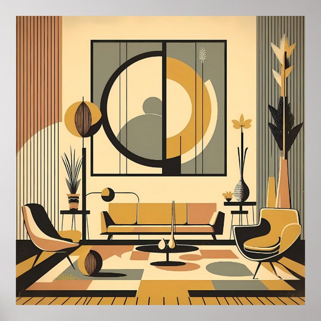 Mid Century Interior Design Autumn Hues Livingroom Poster (Front)