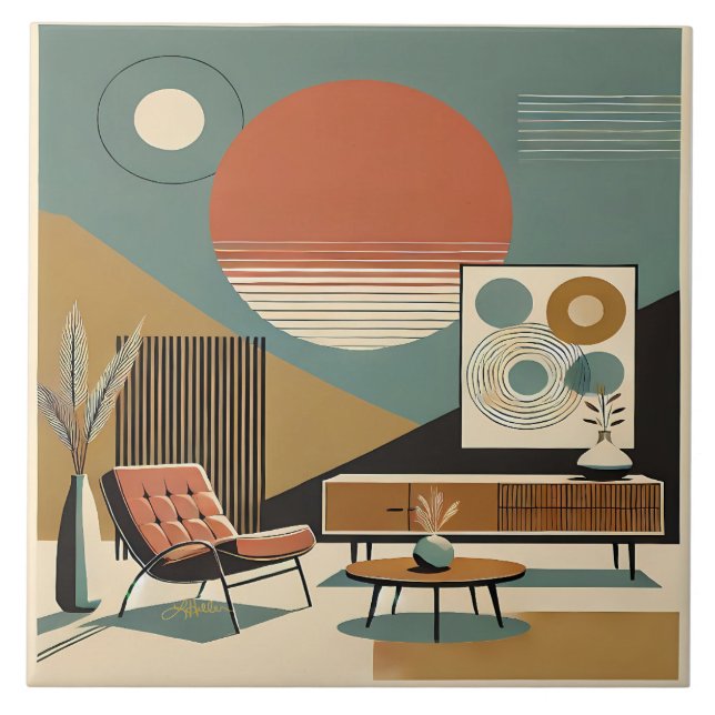 Mid Century Interior Design Sunrise Livingroom Ceramic Tile (Front)