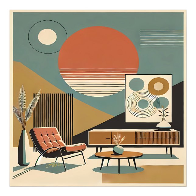 Mid Century Interior Design Sunrise Livingroom Photo Print (Front)