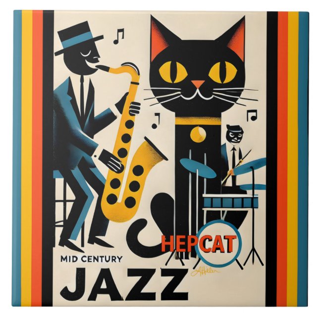 Mid Century Jazz Age HepCat Black Cat Ceramic Tile (Front)