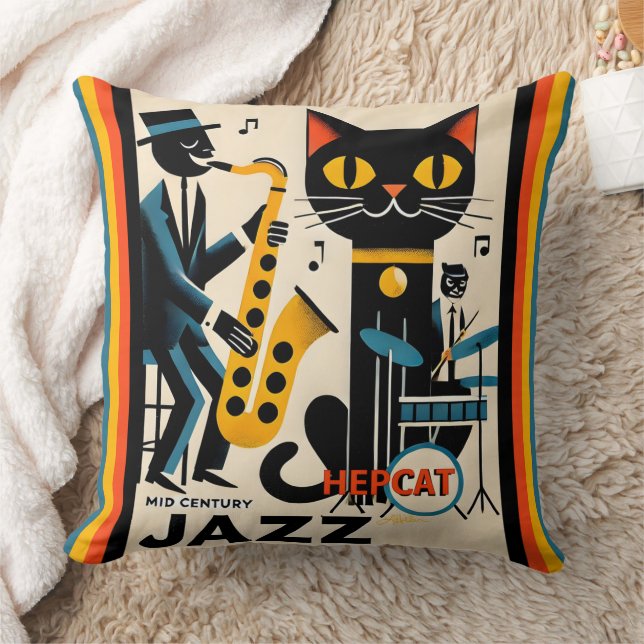 Mid Century Jazz Age HepCat Black Cat Cushion (Blanket)