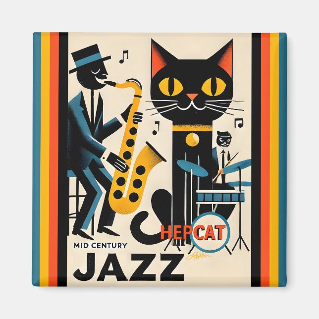 Mid Century Jazz Age HepCat Black Cat Magnet (Front)
