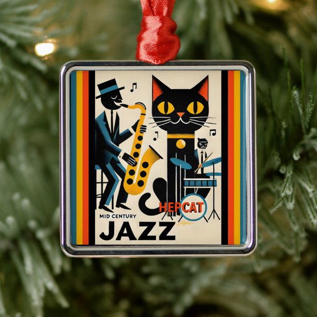 Mid Century Jazz Age HepCat Black Cat Metal Ornament (Tree)