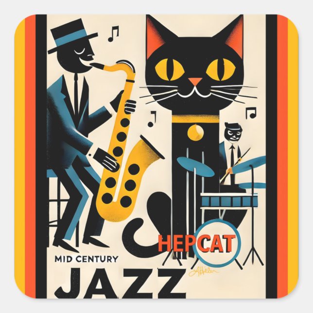 Mid Century Jazz Age HepCat Black Cat Square Sticker (Front)