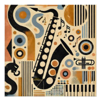 Mid Century Jazz Age Minimalist Art Saxophone