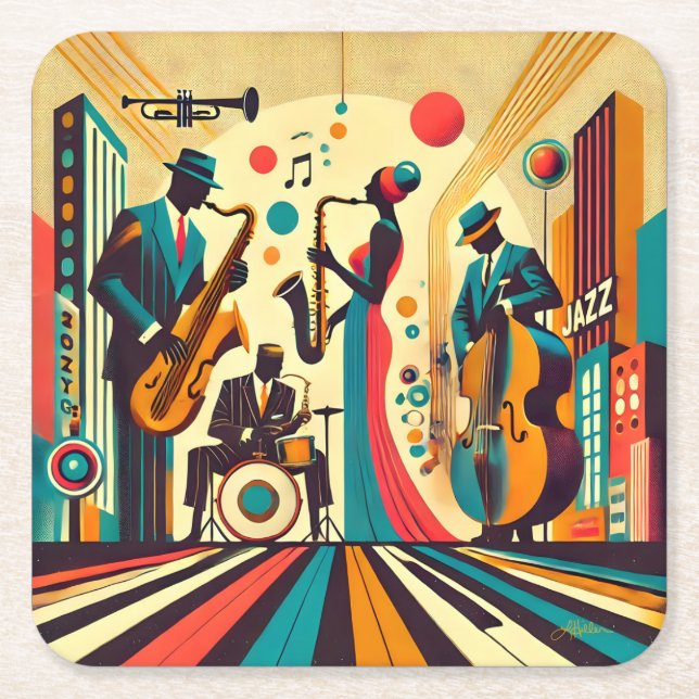 Mid Century Jazz Age Quartet Square Paper Coaster (Front)