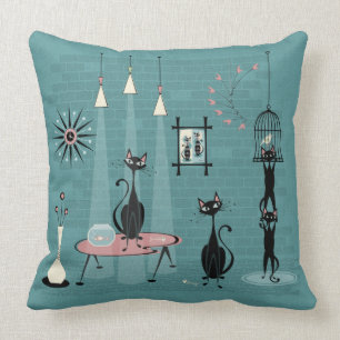 Mid Century Kitty Family Mischief ©studioxtine Cushion