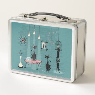 Mid Century Kitty Family Mischief ©studioxtine Metal Lunch Box
