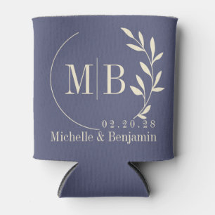 Mid-Century Lavender Breeze Leaf Wedding Monogram Can Cooler