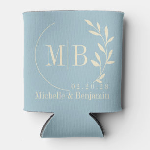 Mid-Century Light Sky Leaf Wedding Monogram Can Cooler