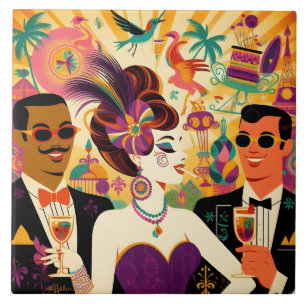Mid Century Mardi Gras Cocktail Party Ceramic Tile