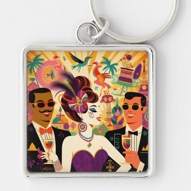 Mid Century Mardi Gras Cocktail Party Key Ring (Front)