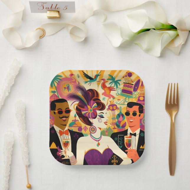 Mid Century Mardi Gras Cocktail Party Paper Plate (Wedding)