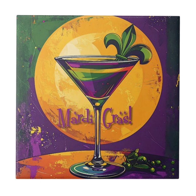 Mid Century Mardi Gras Sunset Fleur De Lis Martini Ceramic Tile (Front)