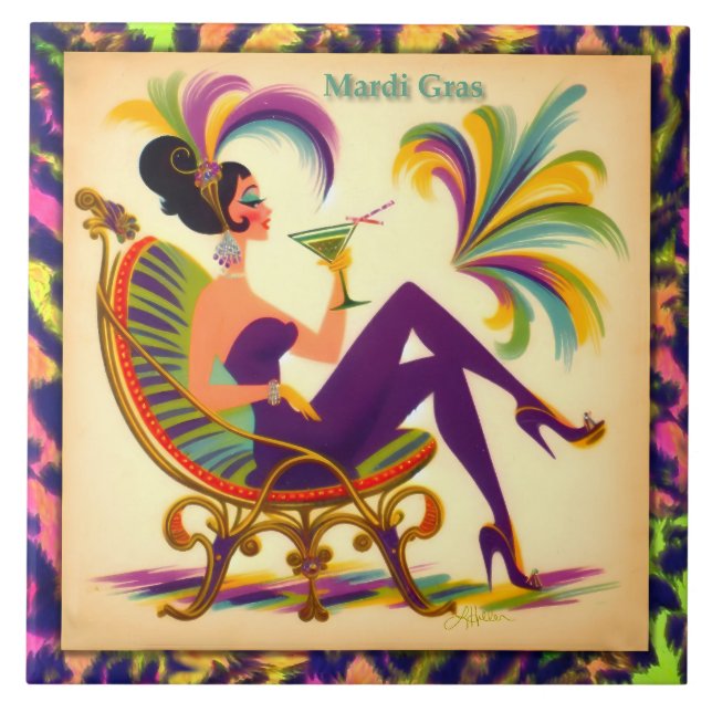 Mid Century Mardi Gras Woman With A Martini Ceramic Tile (Front)