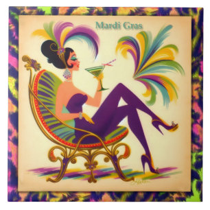 Mid Century Mardi Gras Woman With A Martini Ceramic Tile