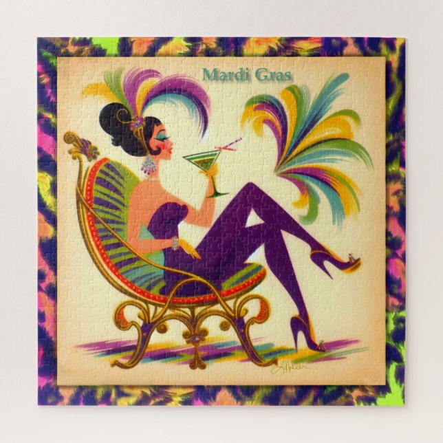 Mid Century Mardi Gras Woman With A Martini Jigsaw Puzzle (Vertical)