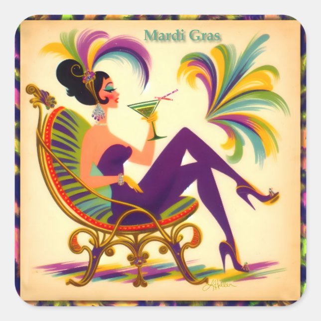 Mid Century Mardi Gras Woman With A Martini Square Sticker (Front)