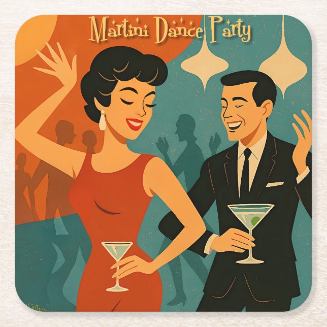 Mid Century Martini Dance Party Square Paper Coaster (Front)
