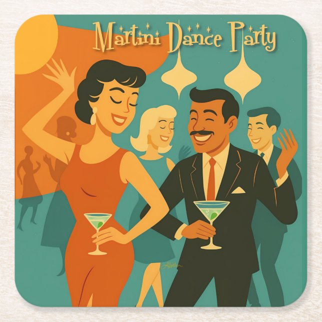 Mid Century Martini Dance Party Square Paper Coaster (Front)