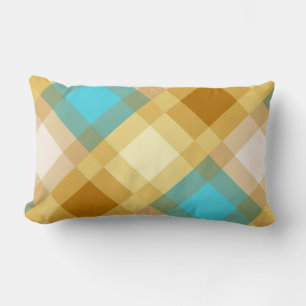Mid-Century mega plaid - tan & turquoise Lumbar Cushion
