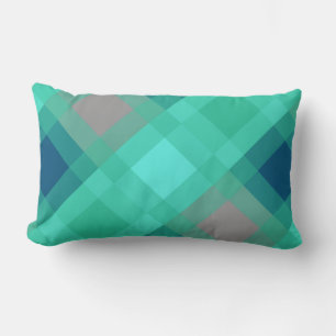 Mid-Century mega plaid - turquoise & grey Lumbar Cushion