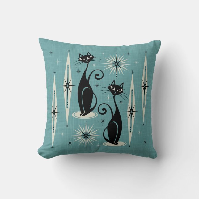 Mid Century Meow on Blue Cushion (Front)
