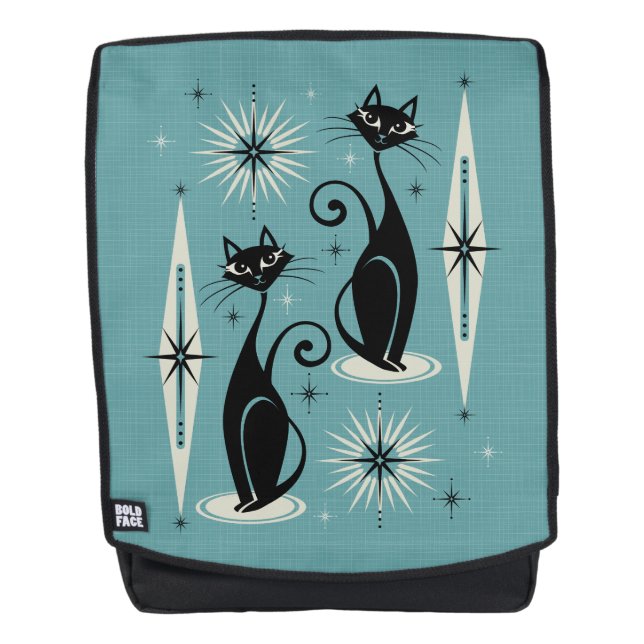 Mid Century Meow Retro Atomic Cats on Blue Backpack (Front)