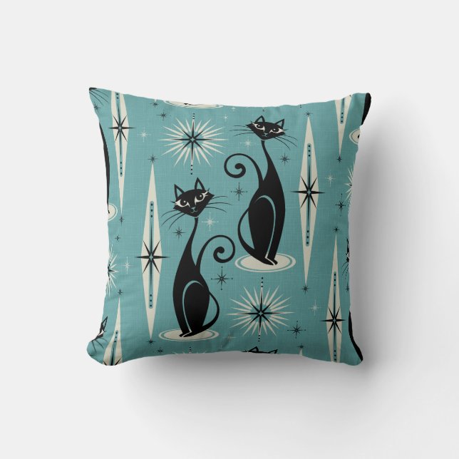 Mid Century Meow Retro Atomic Cats on Blue Cushion (Front)