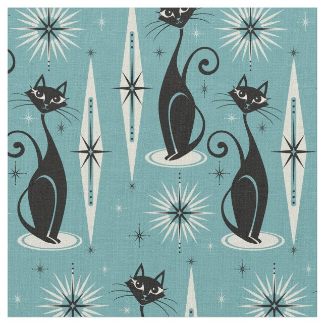 Mid Century Meow Retro Atomic Cats on Blue II Fabric (Close Up)