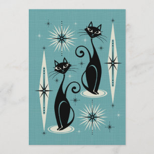 Mid Century Meow Retro Atomic Cats on Blue Invitation