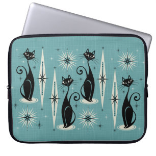 Mid Century Meow Retro Atomic Cats on Blue Laptop Sleeve