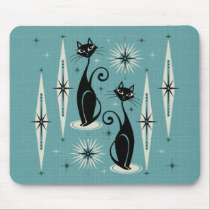 Mid Century Meow Retro Atomic Cats on Blue Mouse Pad