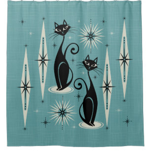Mid Century Meow Retro Atomic Cats on Blue Shower Curtain