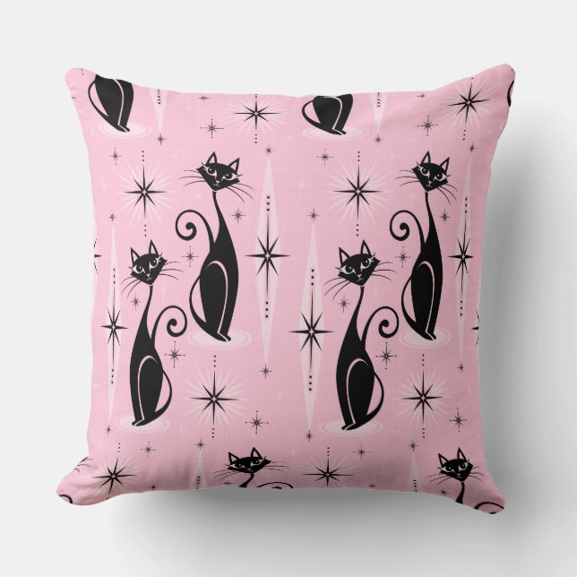 Mid Century Meow Retro Atomic Cats on Cool Pink Cushion (Front)