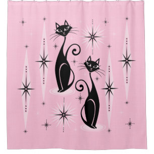 Mid Century Meow Retro Atomic Cats on Cool Pink Shower Curtain
