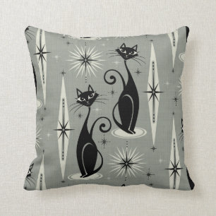 Mid Century Meow Retro Atomic Cats on Grey Cushion