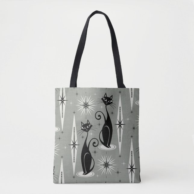 Mid Century Meow Retro Atomic Cats on Grey Tote Bag (Front)