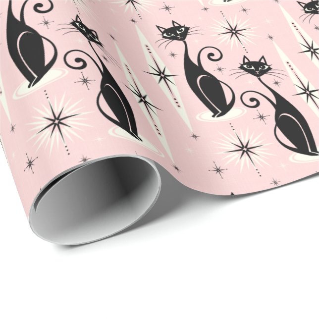 Mid Century Meow Retro Atomic Cats on Warm Pink Wrapping Paper (Roll Corner)