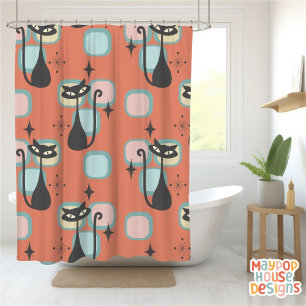 Mid Century Meow Retro Atomic Cats Pink Shower Curtain
