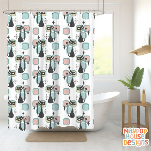 Mid Century Meow Retro Atomic Cats Pink Shower Curtain
