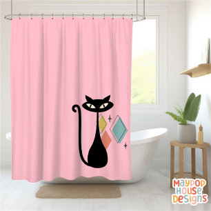Mid Century Meow Retro Atomic Cats Pink Shower Curtain