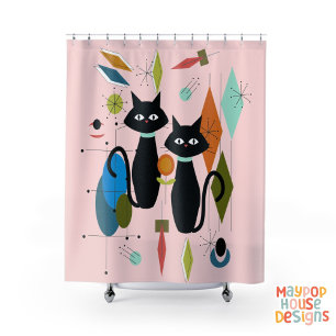 Mid Century Meow Retro Atomic Cats Pink Shower Curtain