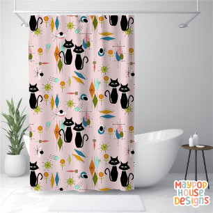Mid Century Meow Retro Atomic Cats Pink Shower Curtain