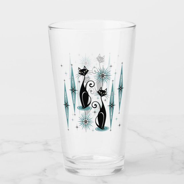 Mid Century Meow Retro Atomic Cats with Blue Glass (Front)